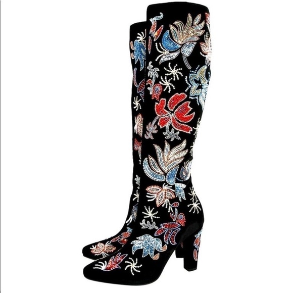 YSL SAINT LAURENT AUTHENTIC FULLY BEADED VELVET KNEE HIGH BOOTS SIZE 7.5 NEW!! - Picture 1 of 15
